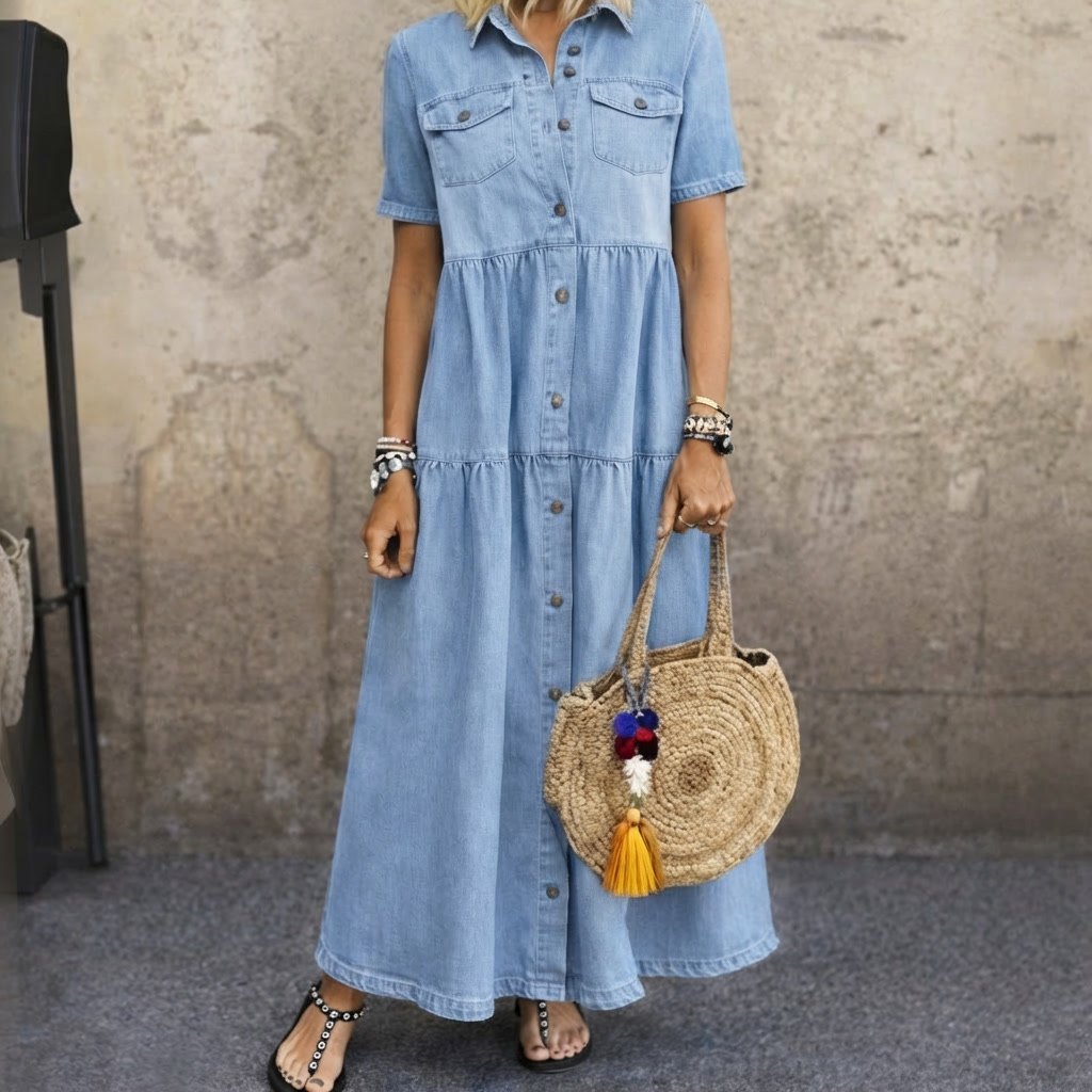 Model wears the short-sleeved, button-front tiered dress in light blue denim with chest pockets, holding a round straw bag. 1