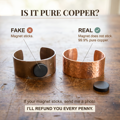 Comparison graphic of a magnet sticking to a dull cuff and not sticking to a hammered copper cuff 3
