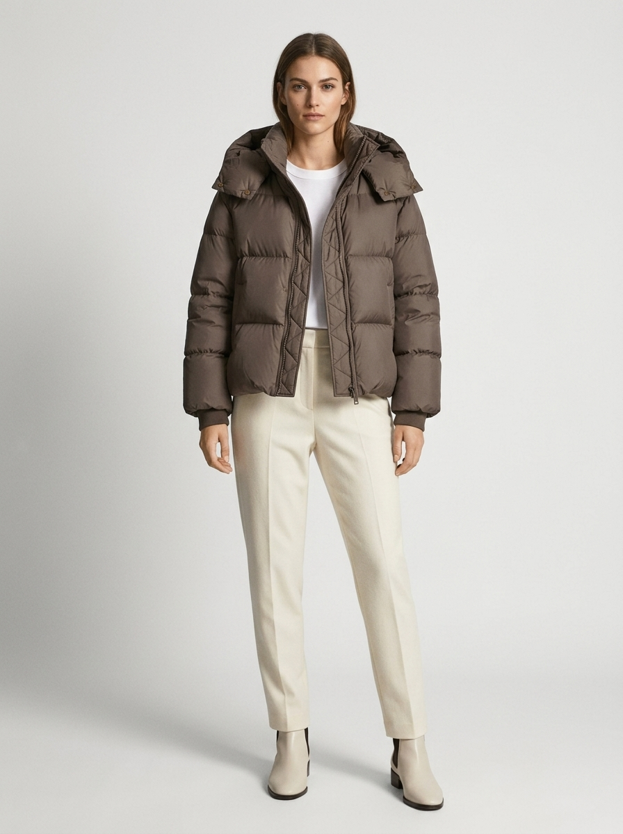 Model wearing the brown puffer jacket open over a white top, with cream trousers and cream ankle boots 8