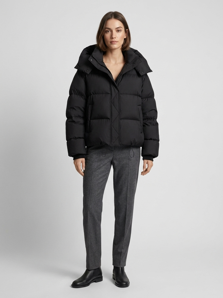Model standing in the black puffer jacket with hood, worn with grey tailored trousers and black ankle boots 4
