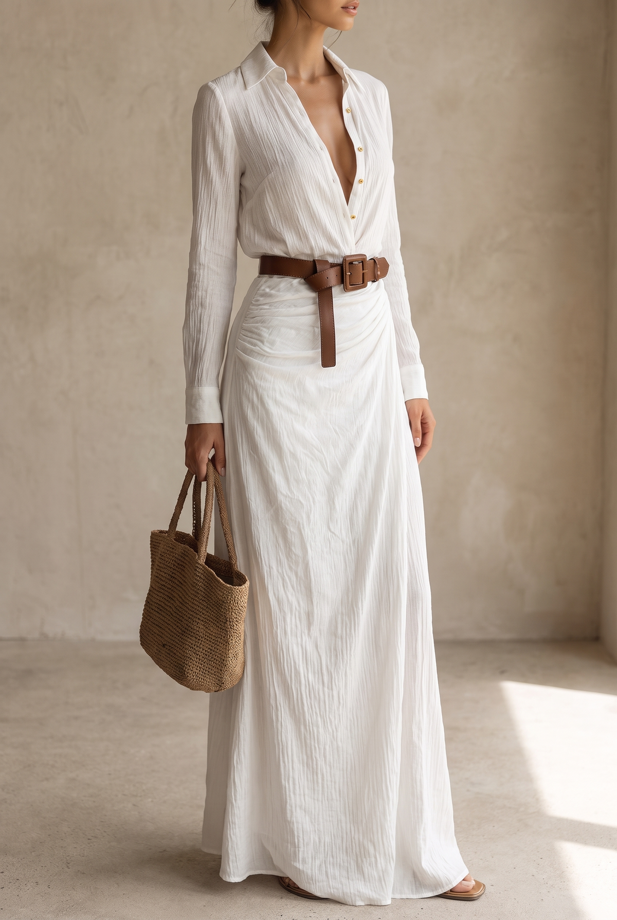 White version worn by a model holding a woven straw tote, three-quarter view with long sleeves, gold buttons and knotted brown belt. 9