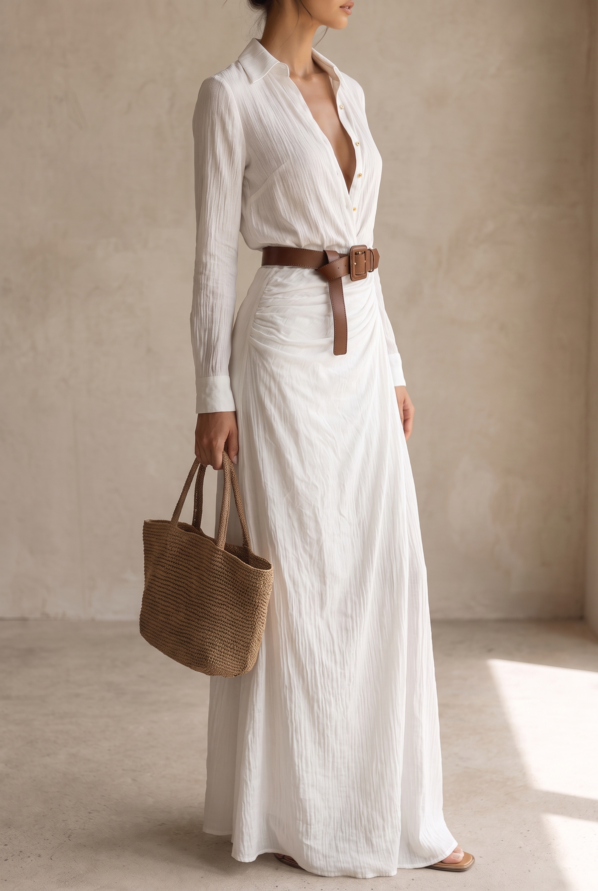 Second side view of the white maxi dress, belt end hanging loose, straw bag in hand and light textured fabric falling to the floor. 10