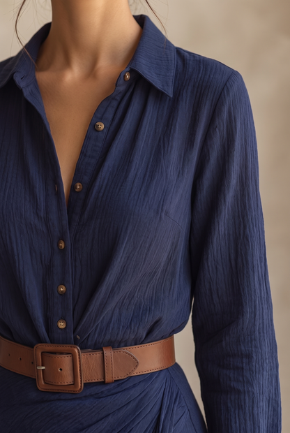 Close-up of the navy blue dress's textured crinkled fabric, buttoned placket, collar and brown leather belt with square buckle. 8