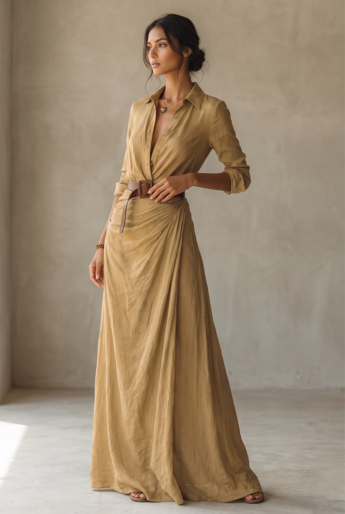 Model in the camel-coloured maxi dress, full-length three-quarter view, gathered at the waist with a wide brown leather belt, sleeves rolled. 1