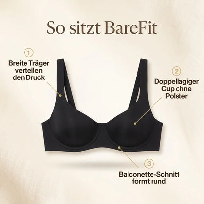 Black balconette bra laid flat with numbered callouts pointing to the wide straps, the double-layer cup and the balconette cut. 7