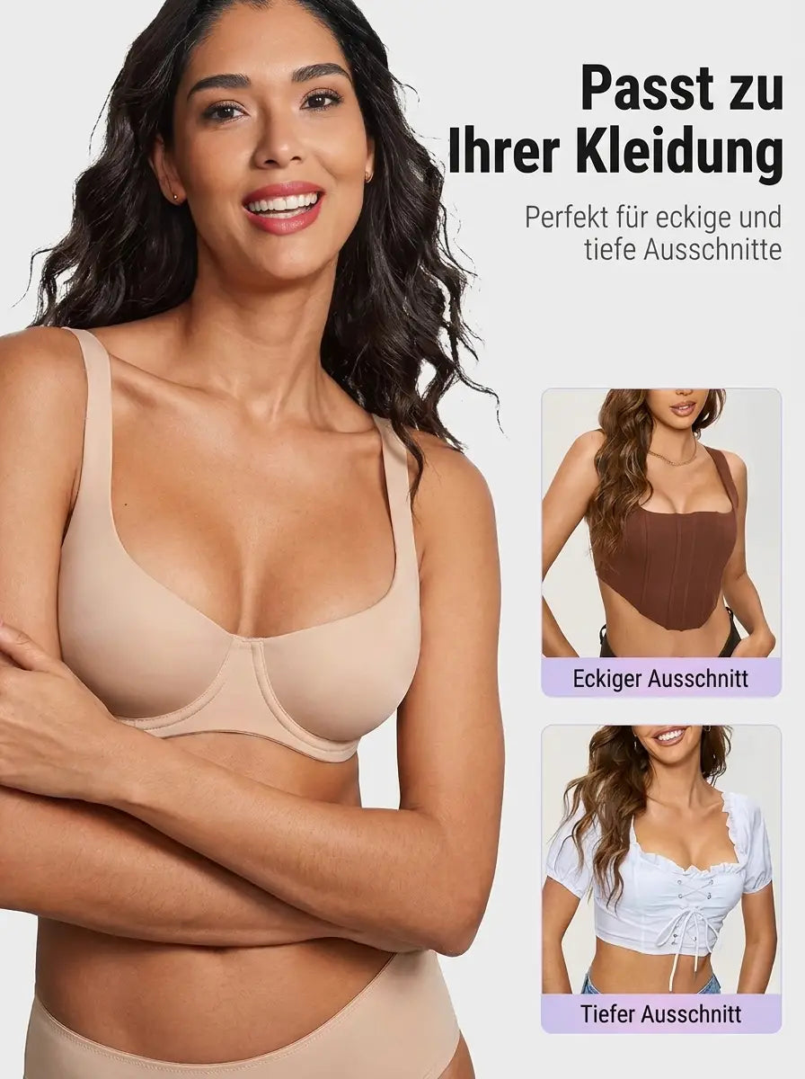 Smiling woman in a beige balconette bra, with two small inset photos of square-neckline and low-cut tops it suits. 10