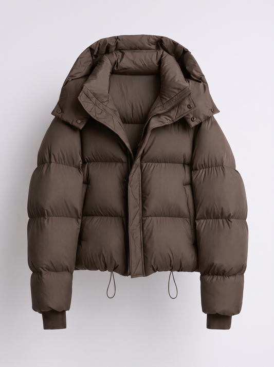 Brown version of the quilted hooded jacket laid flat, showing the front zip, press studs and ribbed cuffs 2
