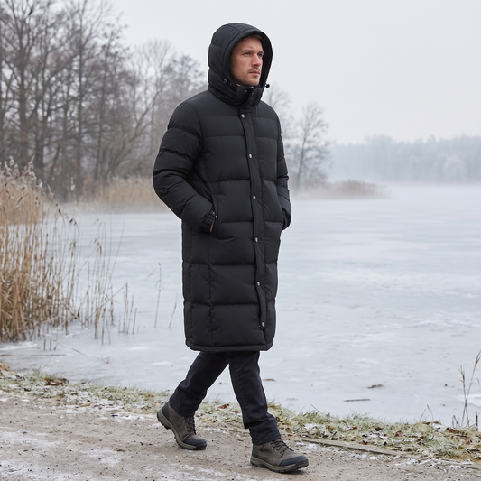 Man in the black hooded coat walking beside a frozen lake, hands in pockets 2