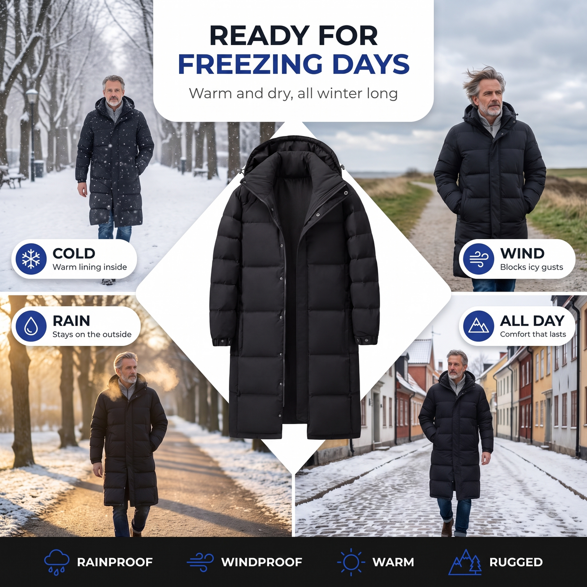Collage of a man wearing the black coat in snow, wind and rain, with the coat at centre 4