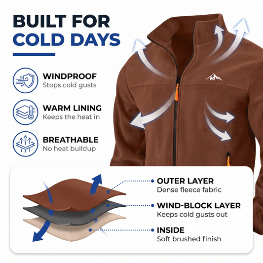 Brown fleece jacket in an infographic showing windproof, warm and breathable layers with airflow arrows 2