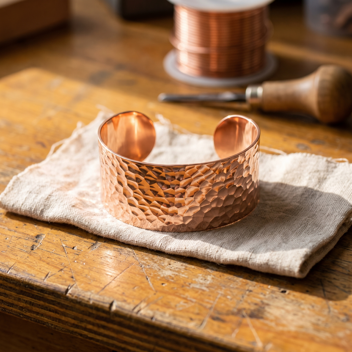 Open hammered copper cuff resting on a linen cloth on a workbench, with a wire spool behind 1