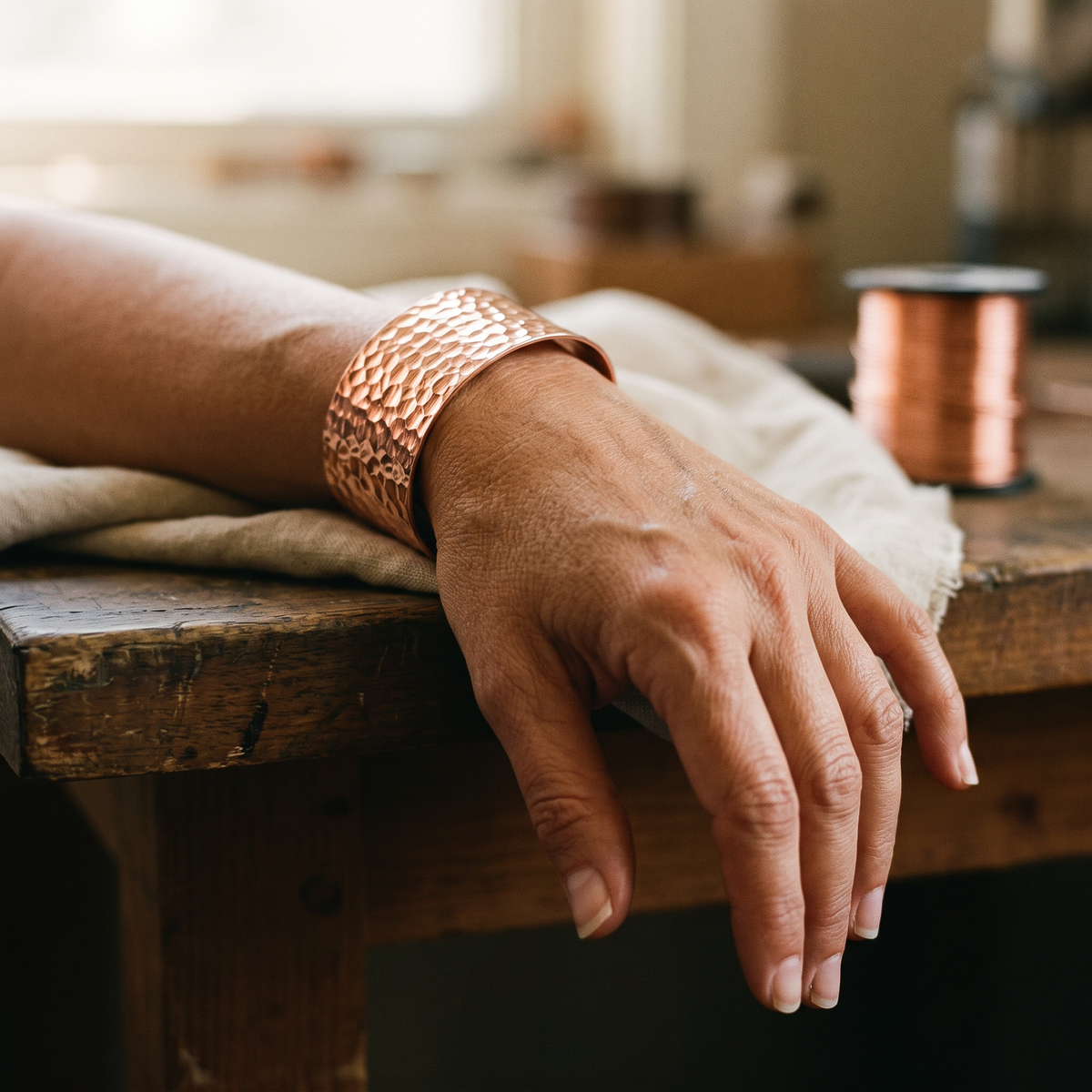 Wide hammered copper cuff worn on a wrist, hand hanging over the edge of a wooden bench 2