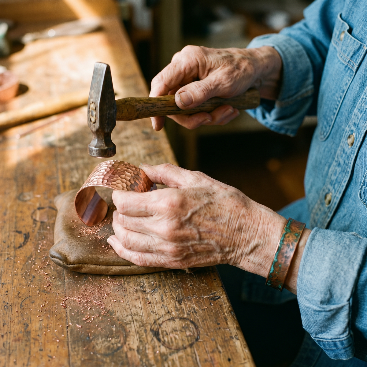 Craftsperson's hands hammering a copper cuff on a leather sandbag, with copper filings scattered on the bench 3