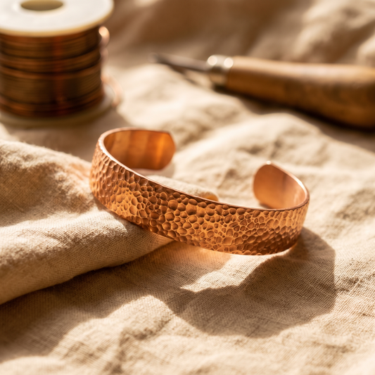 Dimpled copper cuff resting on crumpled linen, with a spool of wire and a tool behind 1