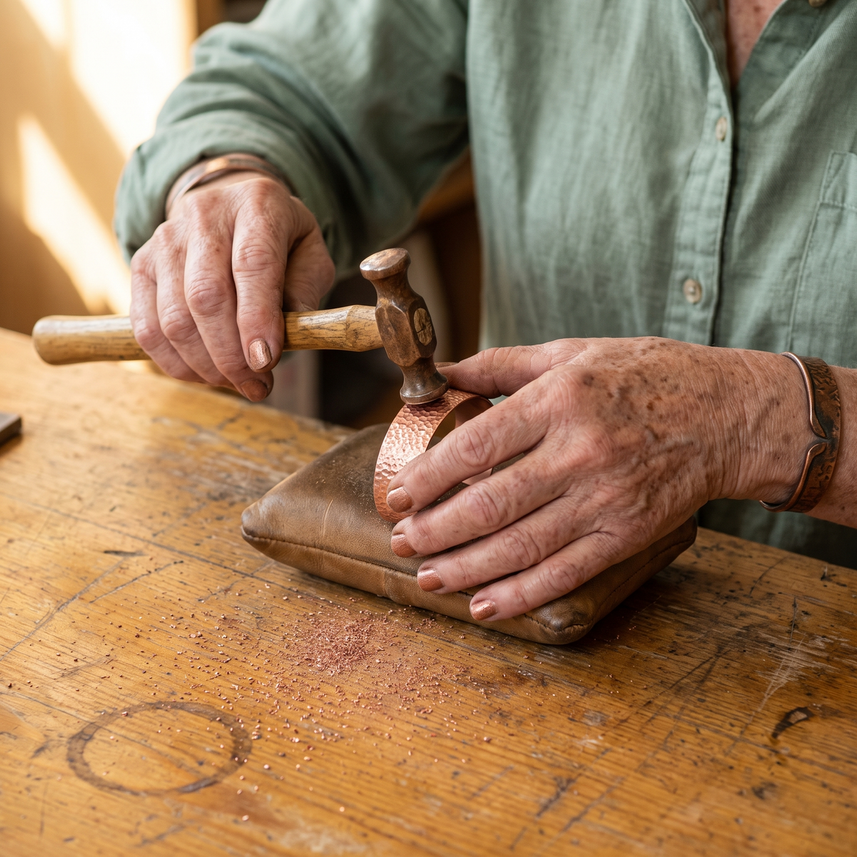 Craftsperson striking a copper cuff with a hammer on a leather pad, copper filings scattered nearby 3