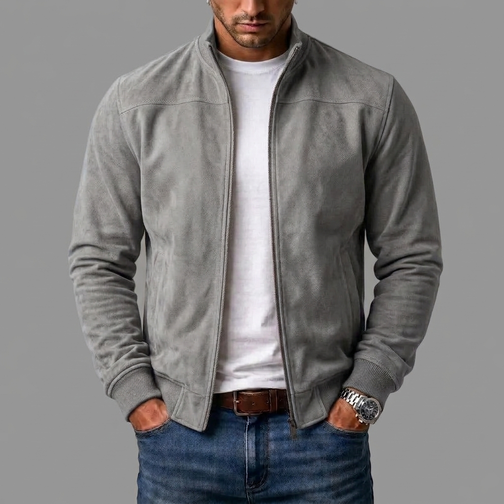 Grey suede-look zip jacket worn open over a white tee, with ribbed cuffs and hem 7