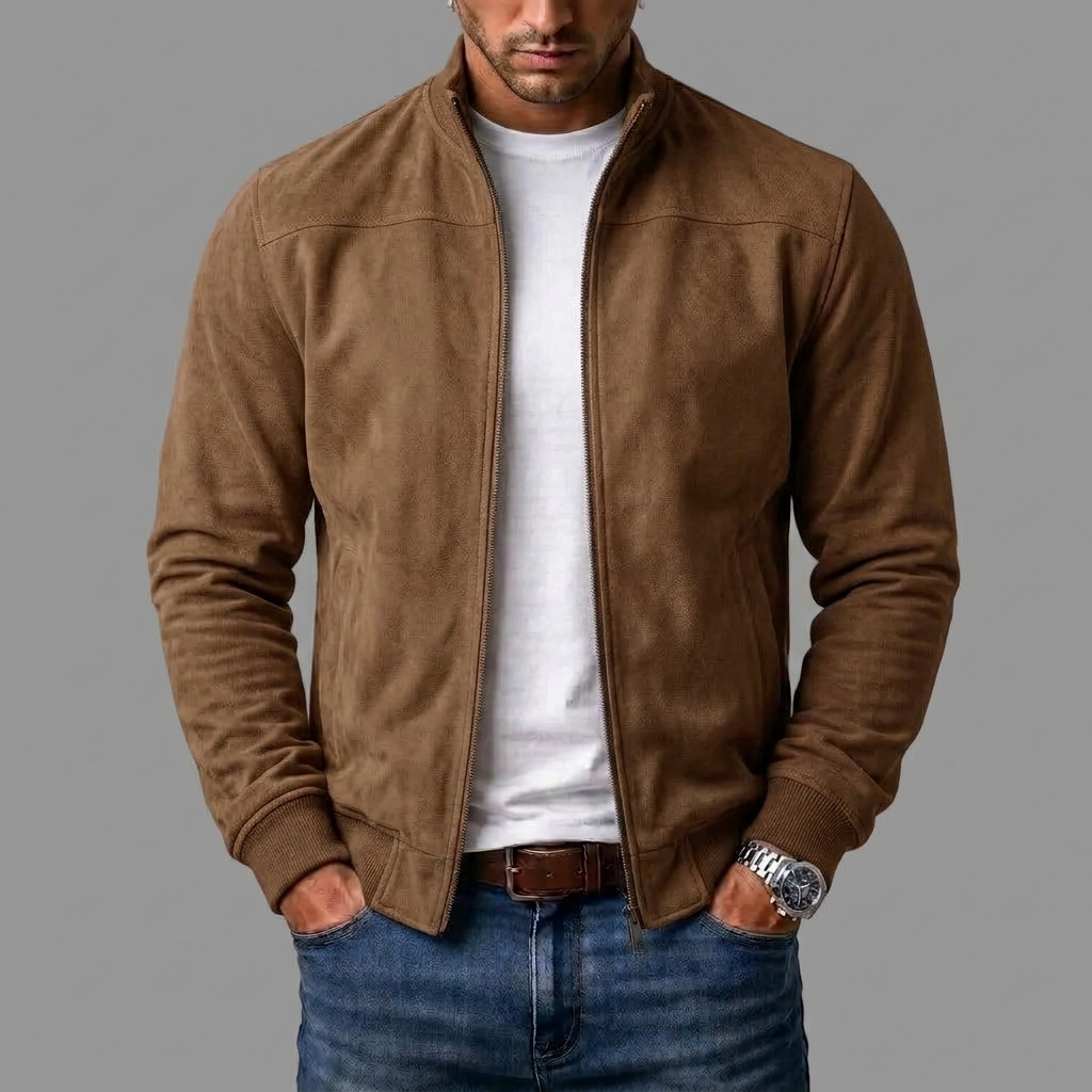 Tan brown suede-look zip jacket worn open by a model, hands in pockets 5