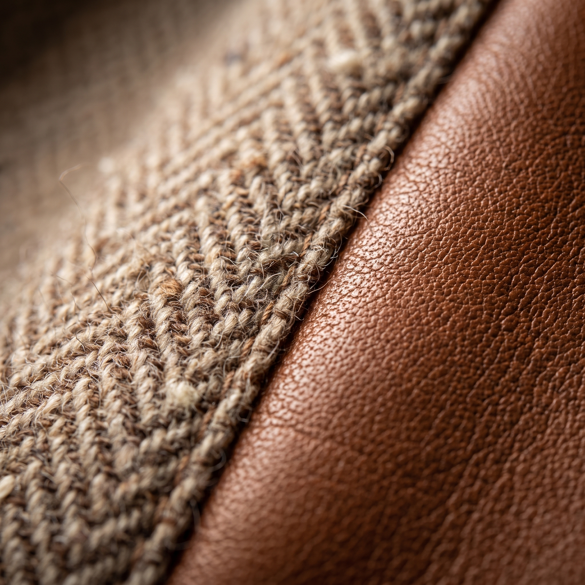 Extreme close-up of the herringbone weave meeting a seam of smooth, grainy tan faux leather 2