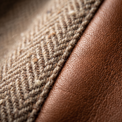 Extreme close-up of the herringbone weave meeting a seam of smooth, grainy tan faux leather 2