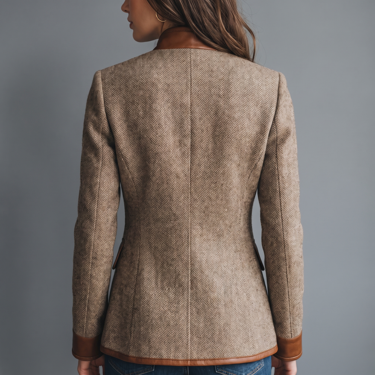 Back view on a model showing the herringbone back panel, tan collar, hem trim and cuffs 3