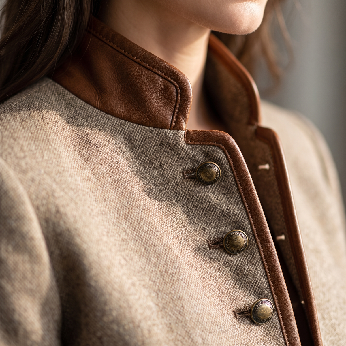 Close-up of the stand collar with stitched tan trim and three antique-effect metal buttons 4