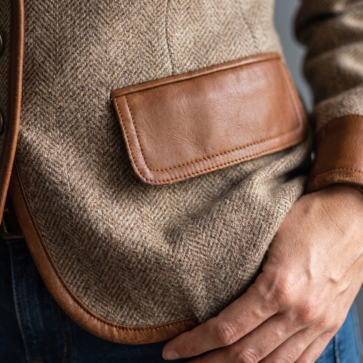 Detail of a stitched tan flap pocket and curved hem edging, with a hand resting near the pocket 5