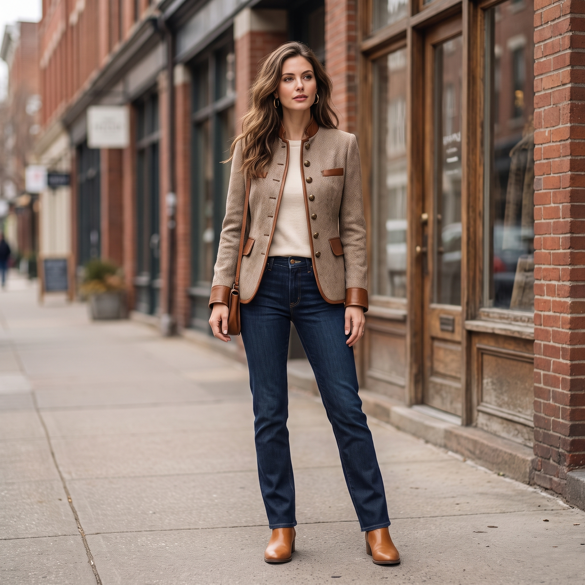 Full-length street shot of a model wearing the jacket open over a cream top, dark jeans and tan boots 6
