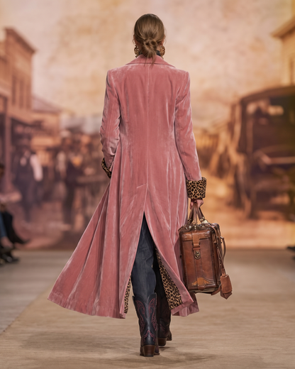 Back view of the pink coat showing the long central vent and flared hem on a runway 4