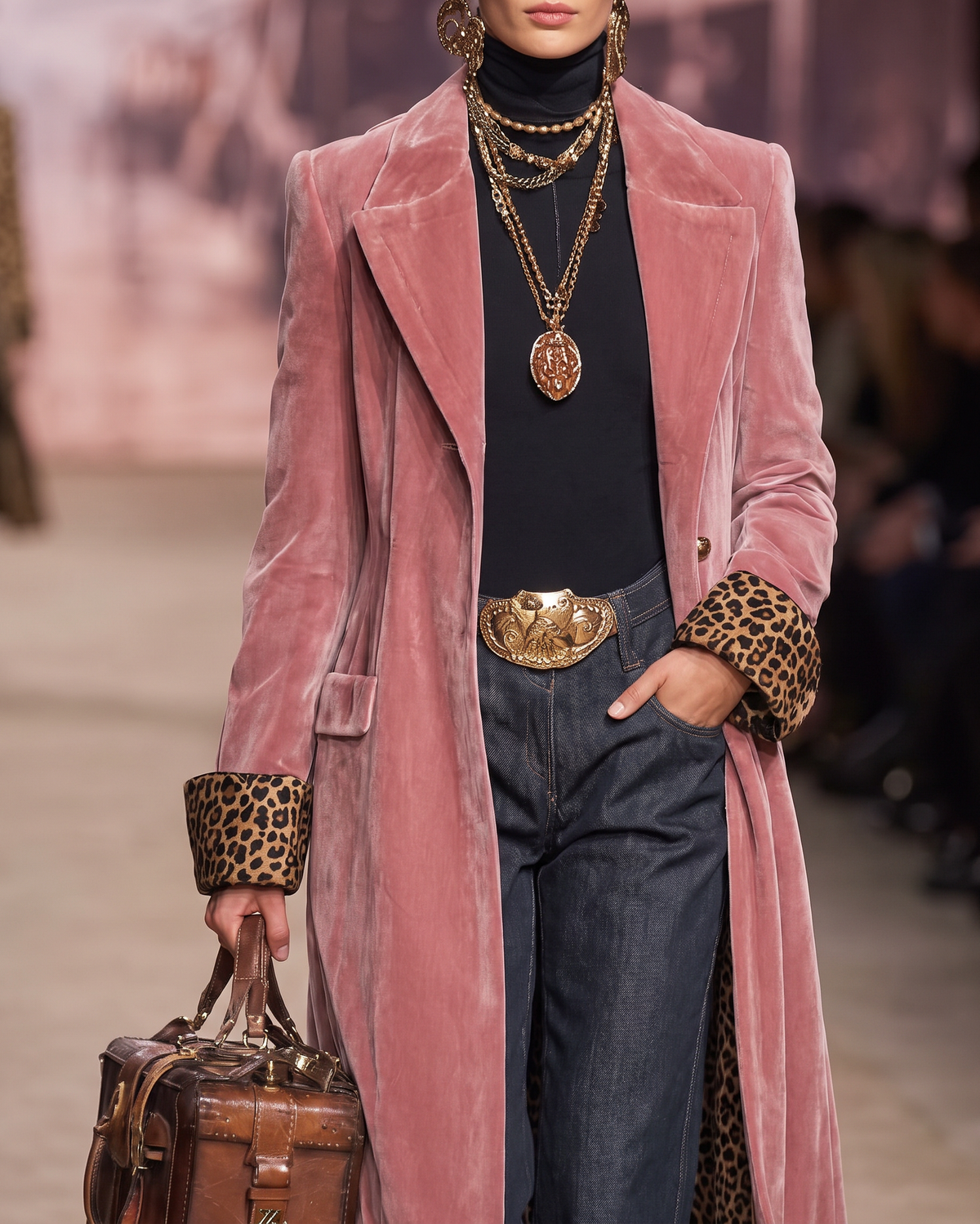 Close-up of the pink velvet-effect lapels, leopard-print turned-back cuff and button, with a gold belt buckle 5