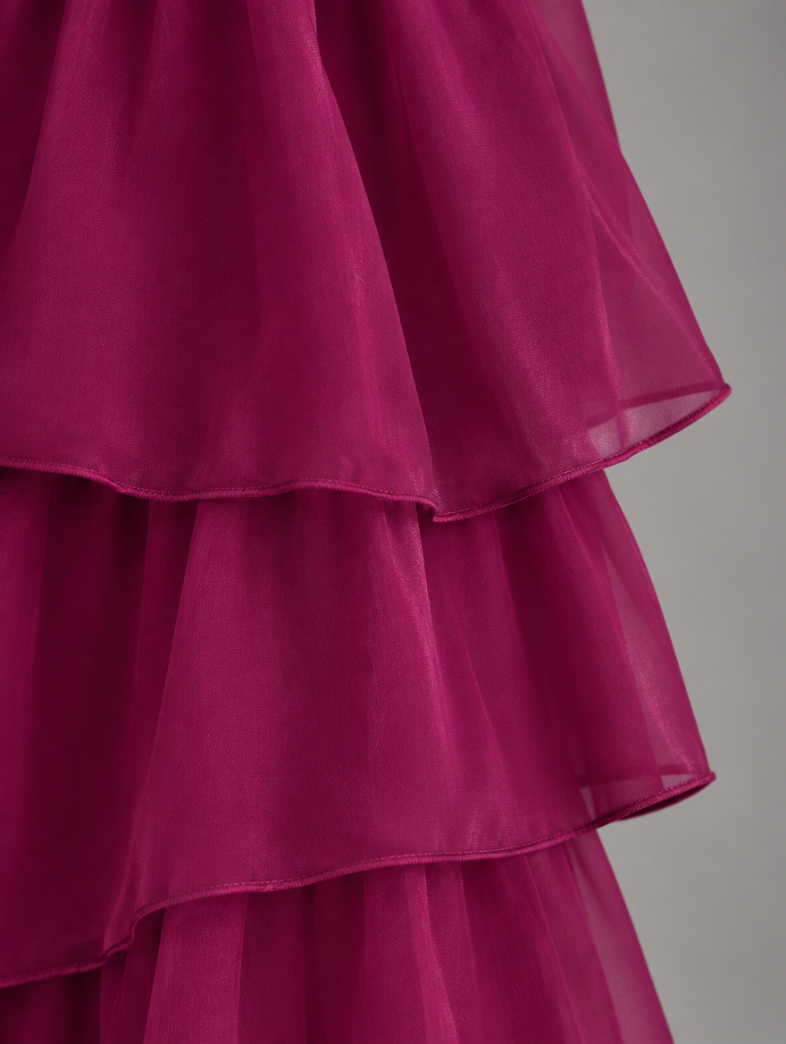 Close-up of the layered organza ruffles in deep magenta, showing the fine rolled hems. 23