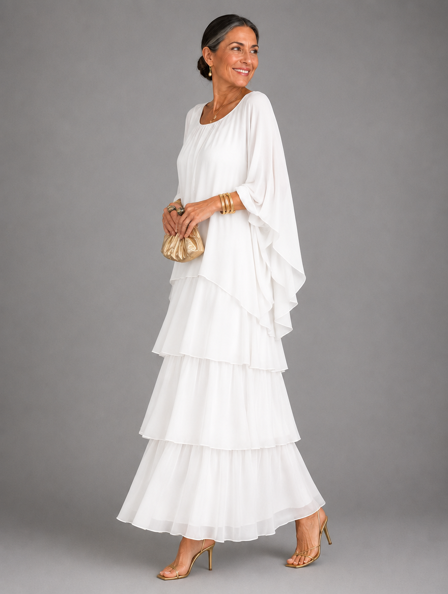 Side view of the tiered maxi dress in white chiffon, worn with a small gold clutch and strappy sandals. 28