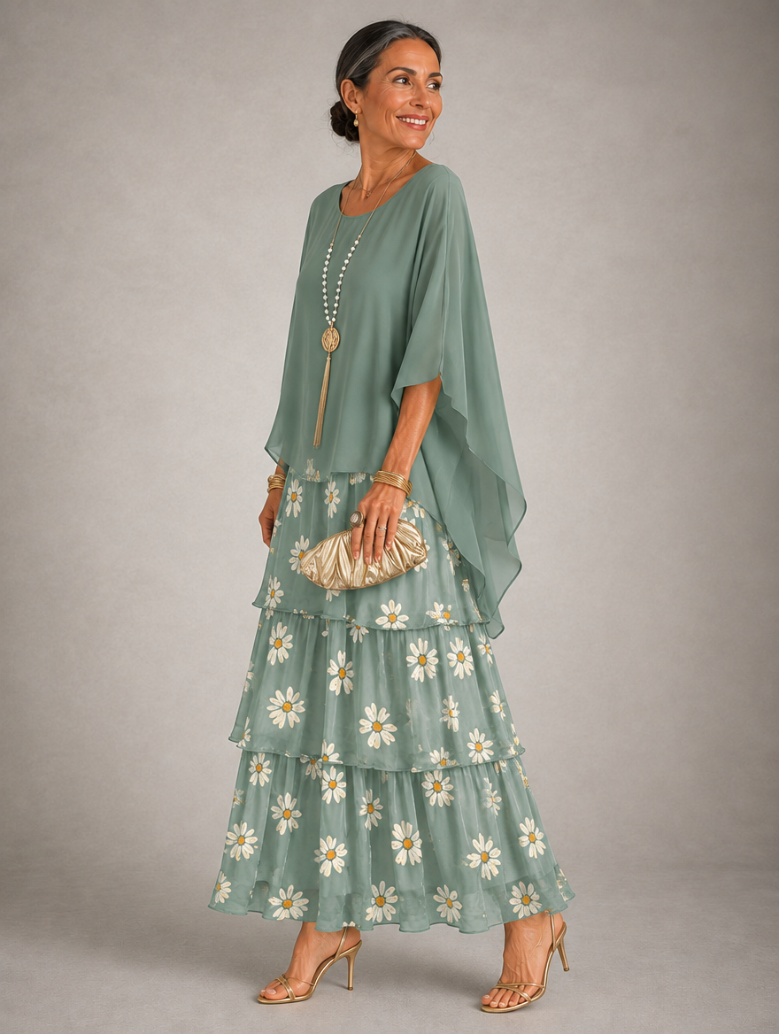 Side view of the dress with a plain sage green cape top over tiers printed with white daisies. 34