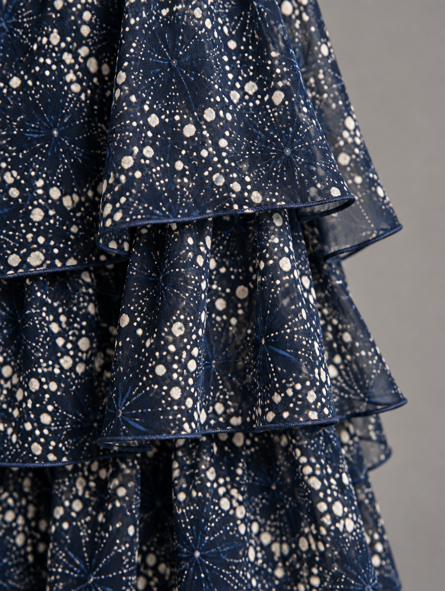 Close-up of layered navy ruffles with a cream starburst and dot print, finished with fine matching edging. 44