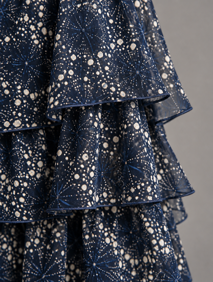 Close-up of layered navy ruffles with a cream starburst and dot print, finished with fine matching edging. 44