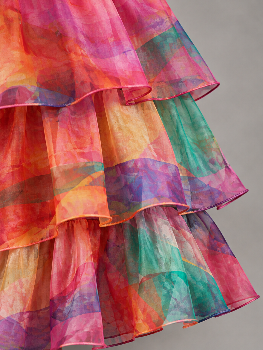 Close-up of the layered organza ruffles in a vibrant pink, orange, purple and teal watercolour print. 38
