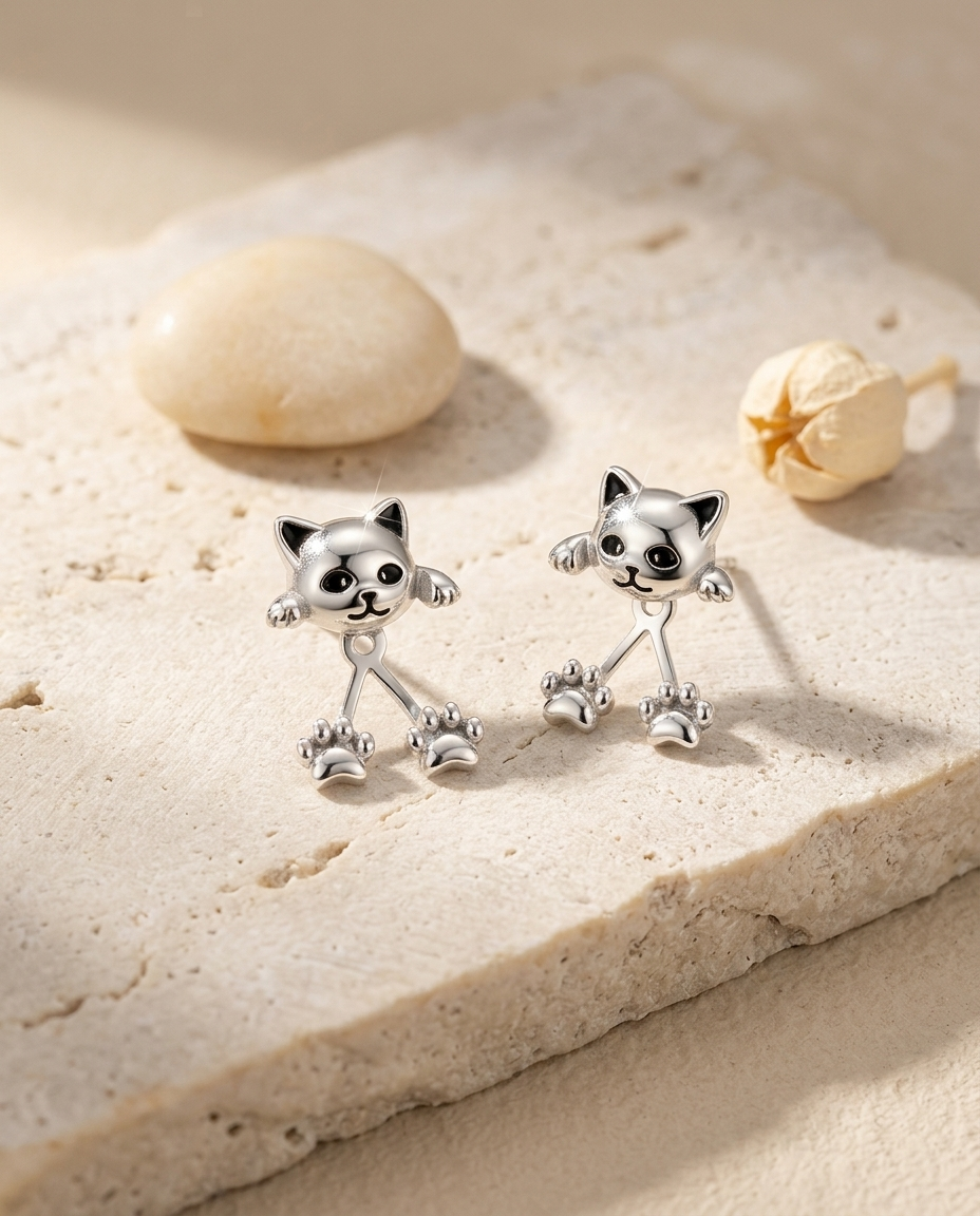 Pair of cat earrings with dangling paws resting on a pale stone slab beside a pebble and dried flower 4