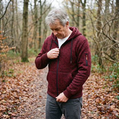 Older man in a dark red hoodie and grey trousers zipping up on a woodland path 6