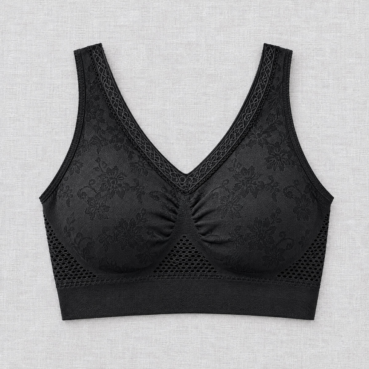 Black version laid flat from the front, showing floral pattern, lace trim and honeycomb mesh vents 3
