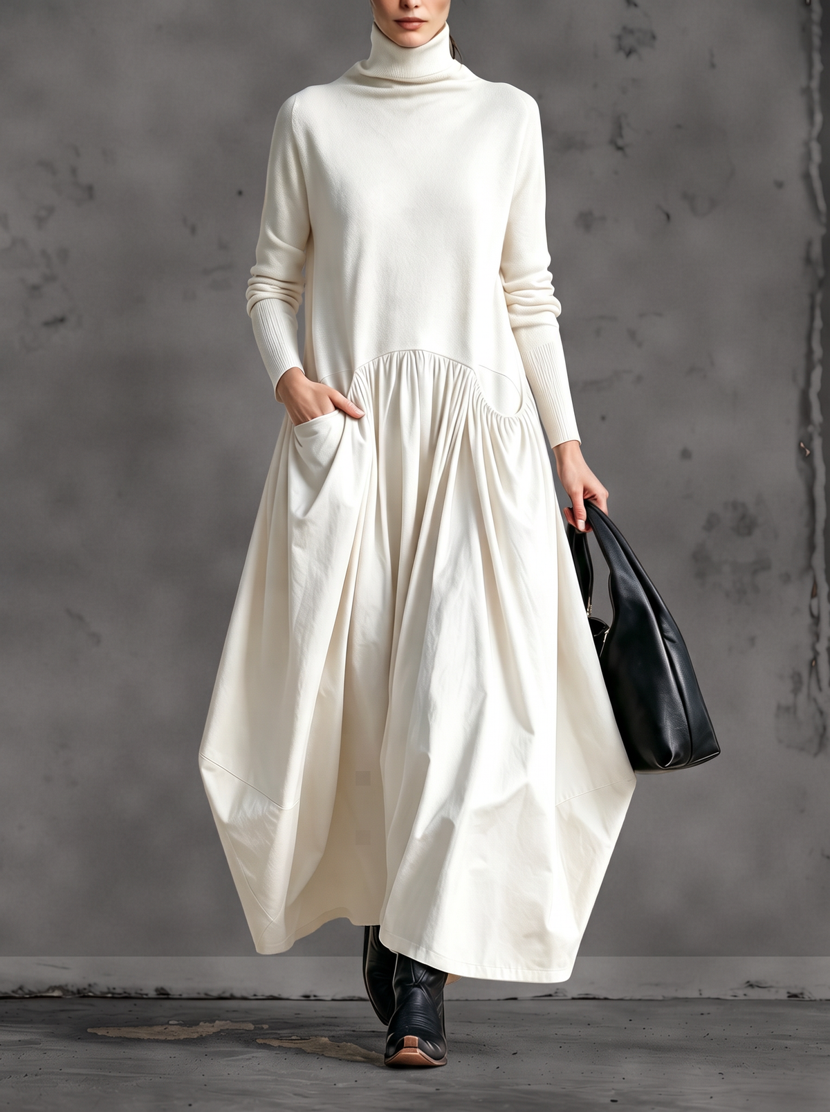 Front view of the dress in cream white, worn with black boots and a black leather bag 5