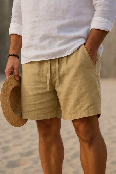 Sand-beige drawstring shorts with a flat waistband and tie, worn by a model on a sandy beach with a straw hat. 11