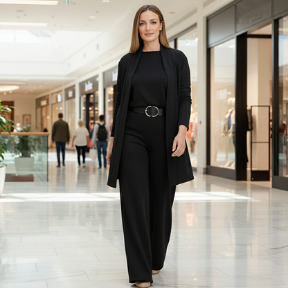 Woman in an all-black cardigan, top and belted wide-leg trousers walking through a bright shopping centre. 7