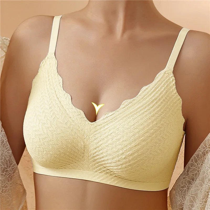 Soft yellow bralette with scalloped lace-style edging and textured fabric, worn by a model, front view. 6