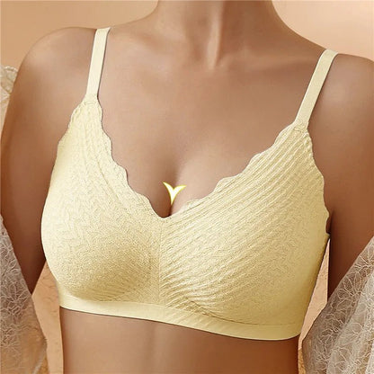 Soft yellow bralette with scalloped lace-style edging and textured fabric, worn by a model, front view. 6