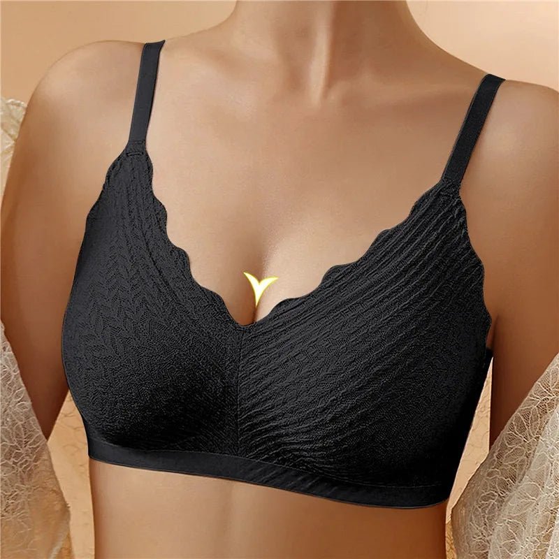 Black scalloped-edge bralette with textured wave pattern and thin straps, worn by a model, shown from the front. 1