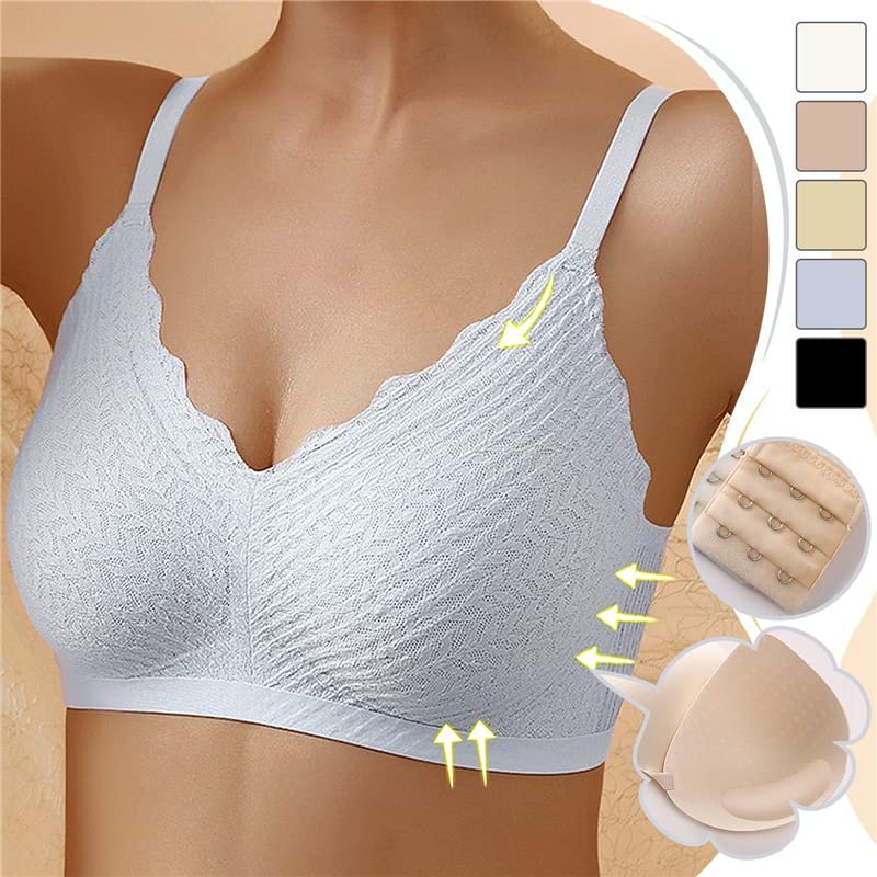 Pale blue bralette on a model with five colour swatches, a close-up of the hook fastening and a removable pad. 8
