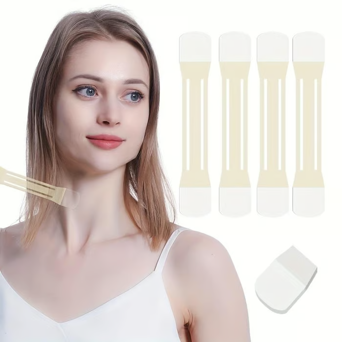 Model with shoulder-length hair wearing a neck strip, shown next to four loose cream lifting strips and a single spare tab. 8