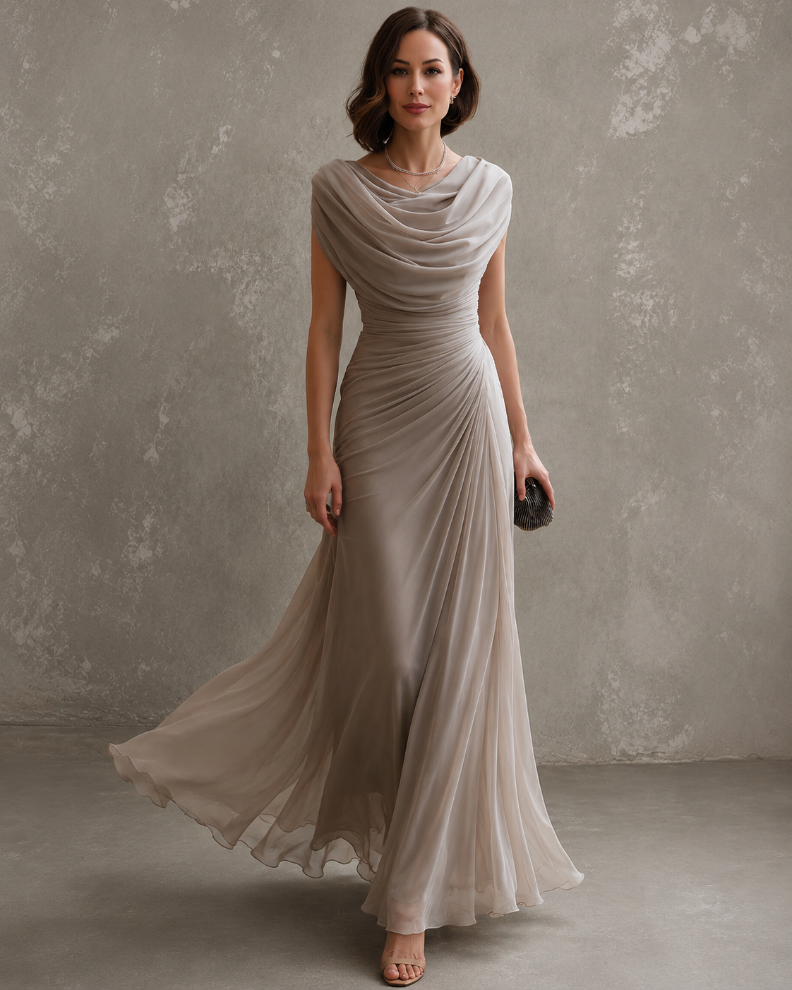 Model in the taupe dress with draped cowl neckline, ruched waist and flowing chiffon skirt swirling as she walks, clutch in hand. 1