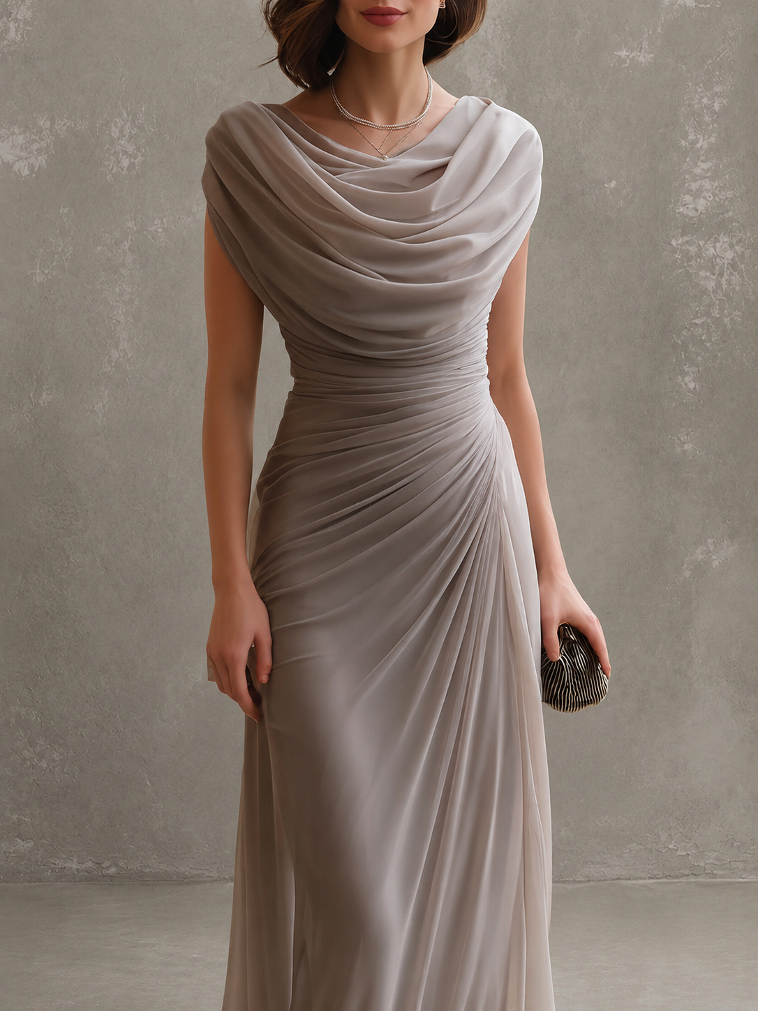 Close-up of the taupe dress from neck to hip, showing the soft cowl drape and diagonal ruching at the waist. 7