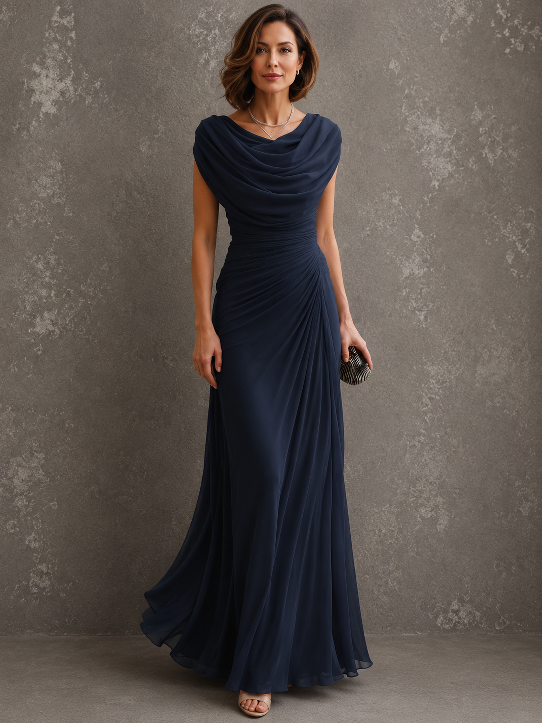 Model in the navy blue version of the long sleeveless gown, showing the cowl drape at the neckline and ruched waist. 4