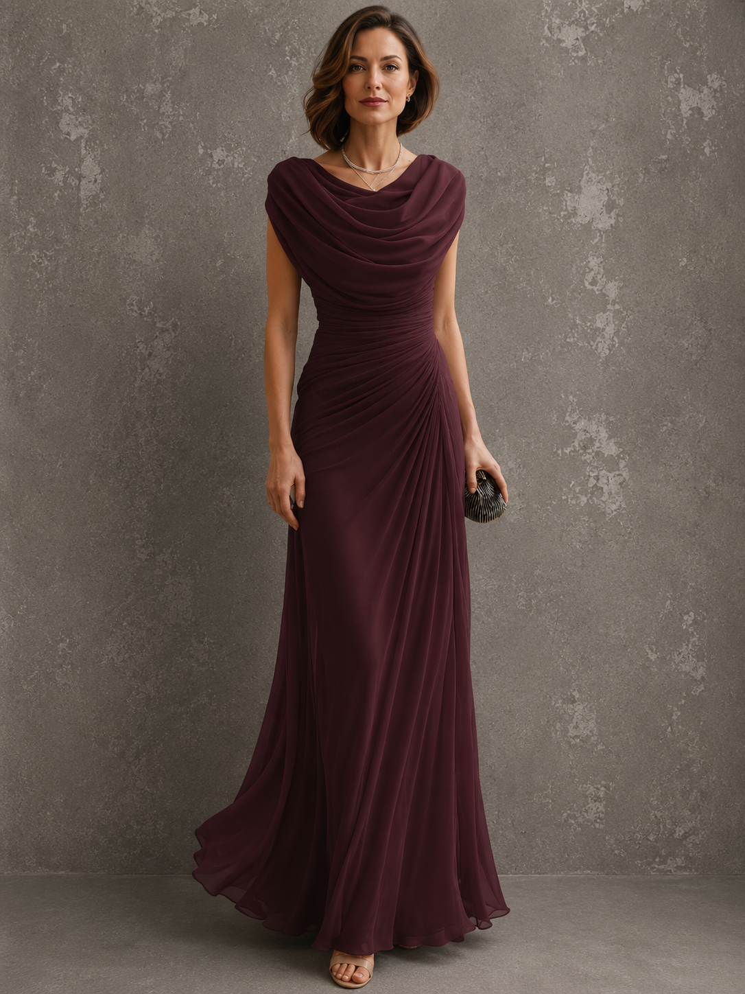 Model in the deep burgundy-plum version of the gown, showing the cowl neckline, ruched waist and softly flowing chiffon skirt. 6
